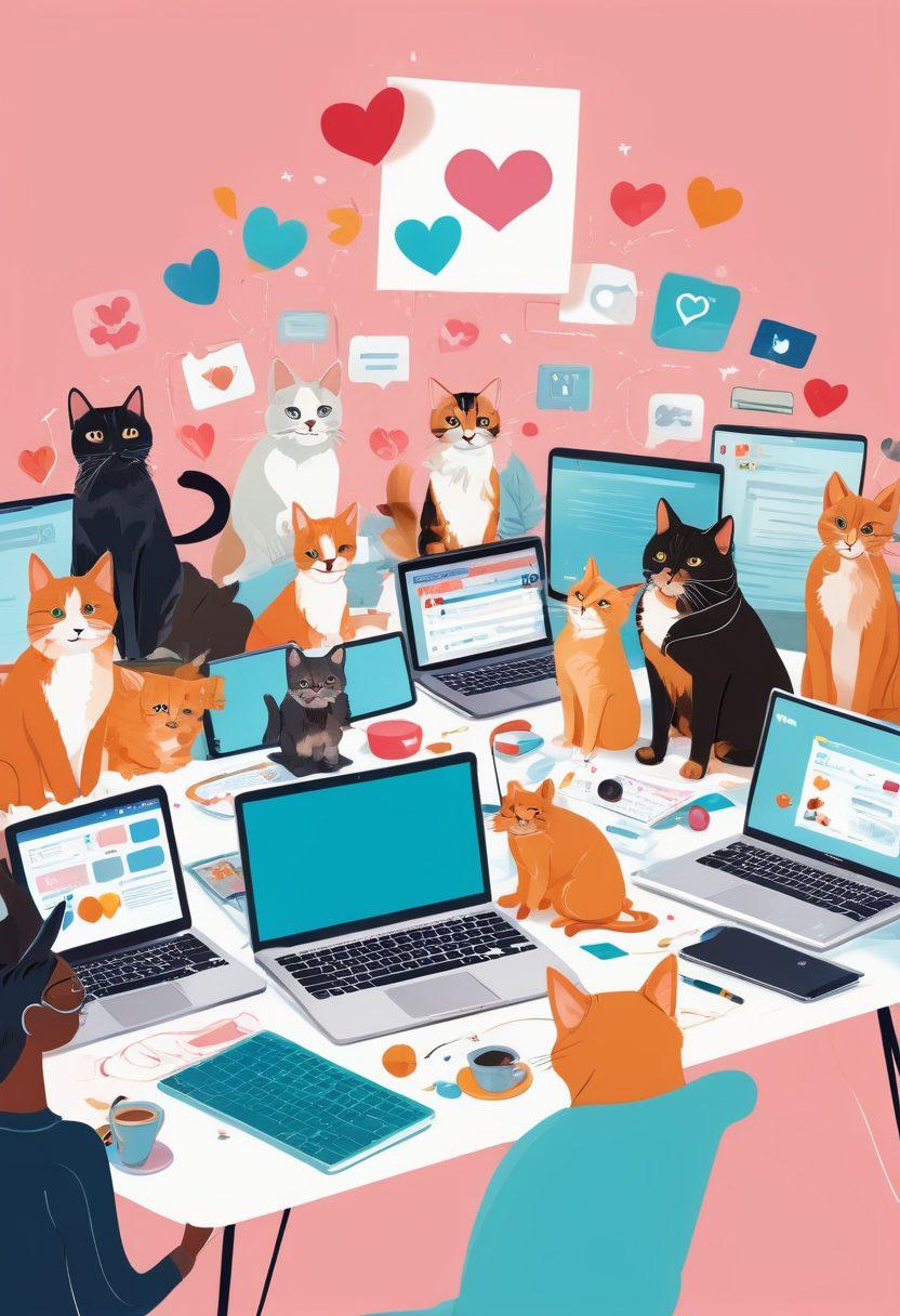 A whimsical illustration of a diverse group of pet bloggers at work, surrounded by cute cats, dogs, and other pets, crafted from laptops and notes, engaging in a vibrant online community. The background features colorful icons of social media platforms and playful elements like paw prints and heart emojis. The atmosphere is lively and collaborative, showcasing the joy of pet blogging. bright colors. digital art. playful style.
