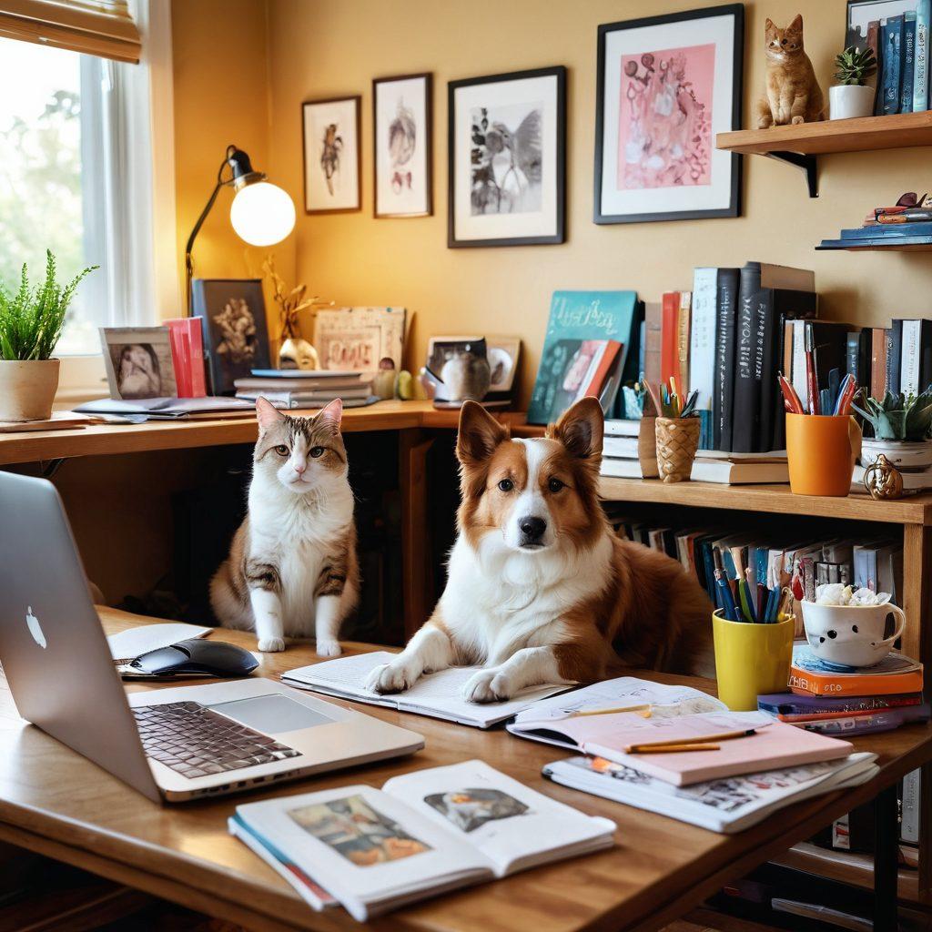 A whimsical scene featuring a cozy home office filled with colorful pet-related decorations, a cheerful dog sitting next to a laptop, and a cat lounging on a stack of books about blogging. Surrounding the workspace are motivational quotes and vibrant sketches of pets, symbolizing creativity and passion. The warm lighting creates an inviting atmosphere, encouraging pet lovers to explore their creative side. super-realistic. vibrant colors. cozy ambiance.