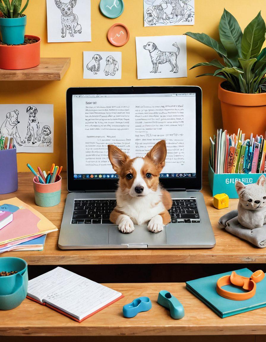 A whimsical scene featuring a cozy home workspace with a laptop open, displaying a colorful pet blog. Surrounding the laptop are adorable pets—a playful puppy and a curious kitten—interacting with various pet care items like toys and food bowls. The background should have warm, inviting colors with framed photos of happy pets on the walls. Include elements symbolizing storytelling, like books and a notepad with doodles of pets. vector art. vibrant colors. friendly atmosphere.